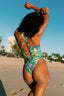 Back of Multicoloured halter neck one-piece swimsuit on body