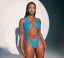 Blue one piece swimsuit with gold details on body 2