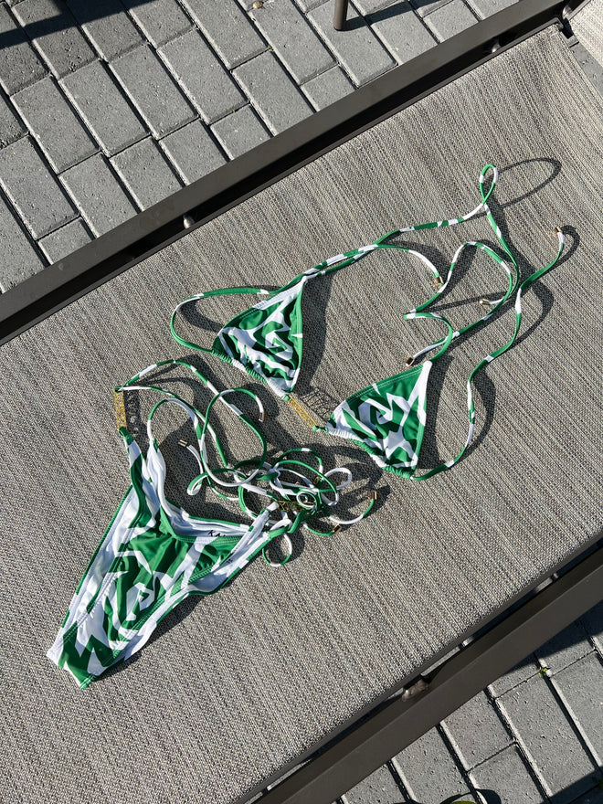 Front of Green and White bikini with gold details