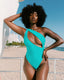 Teal one-piece swimsuit with deep split at the front on body 1