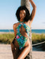 Front of Multicoloured halter neck one-piece swimsuit on body