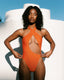 Front of Orange cross-neck one-piece swimsuit on body 1