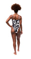 Back of Black and White one-piece swimsuit