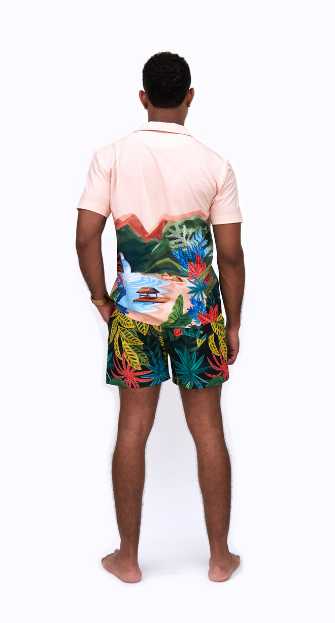 Back of multicoloured swim shorts