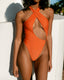 Front of Orange cross-neck one-piece swimsuit on body 2