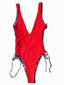 Red, white, black and orange reversible swimsuit. Plunging V-neck, lace-up detailing on the sides, scoop back and a high-cut leg design 4