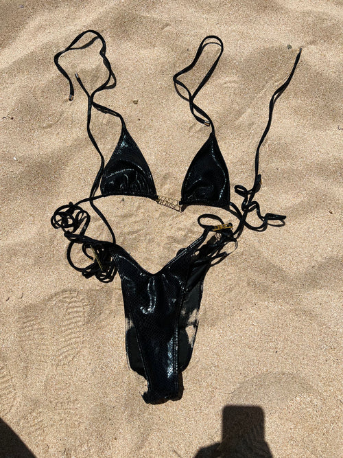 Black, leather bikini top with gold details