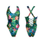 Front and Back of Multi-coloured, corset style one-piece swimsuit