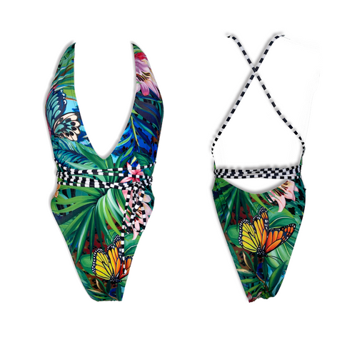 Front and Back of Multicoloured one-piece plunge neck swimsuit